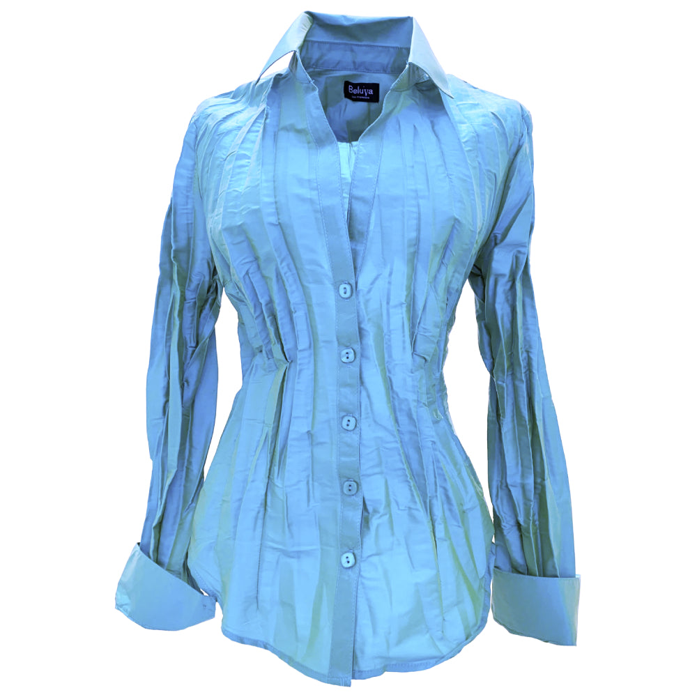 A classic cut blouse in color Sky. Sky can be described as a soft light blue with a hint of yellow inspired by the daytime sky. the buttons have the same color.